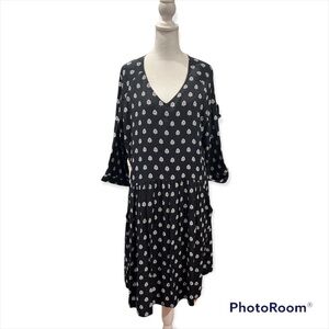 Garnet Hill‎ Black White Long Sleeve Flowing Dress With Pockets Size 14